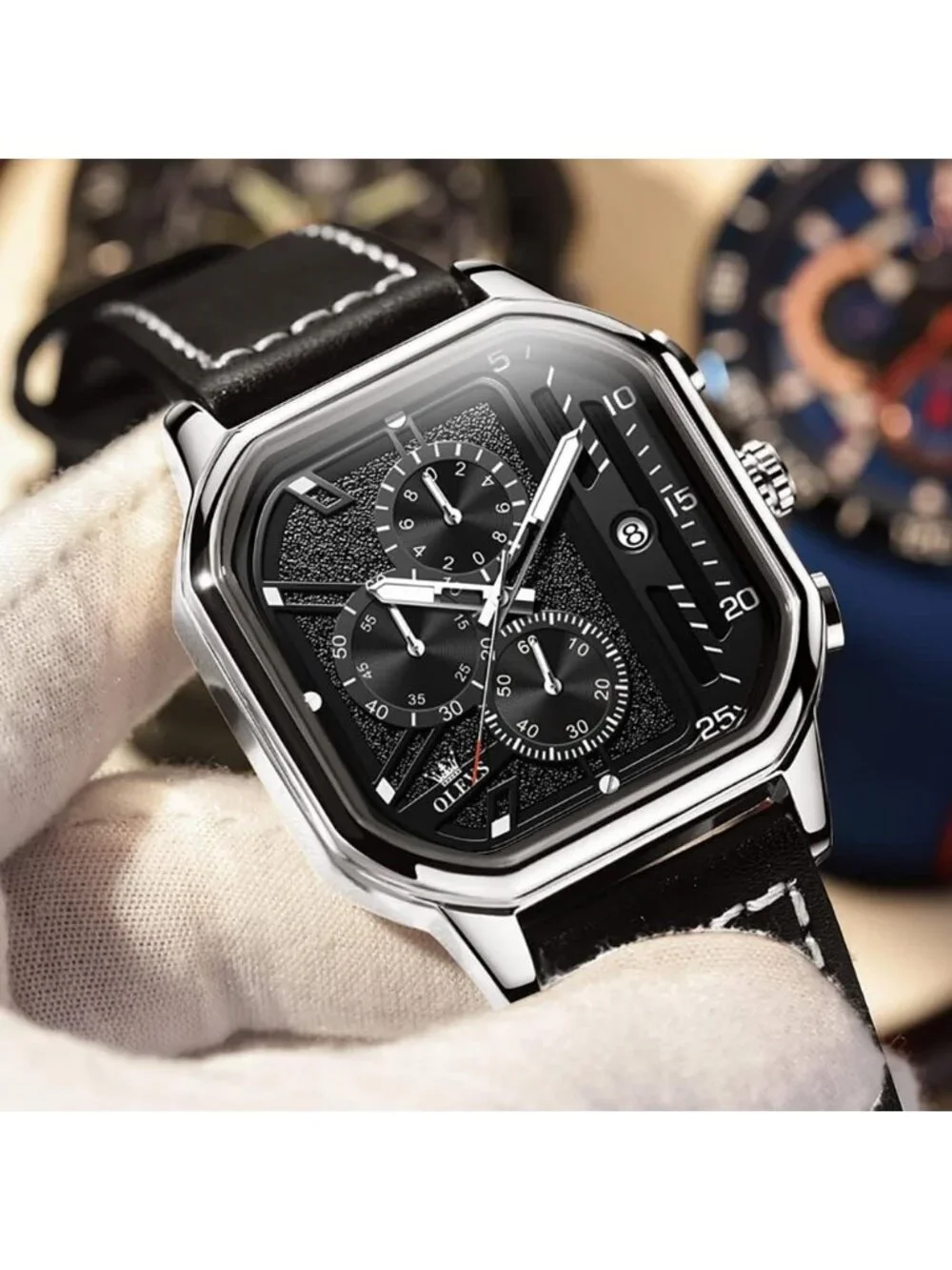 Men's Black Quartz Leather Strap Waterproof Casual Square Dial Wrist Watch